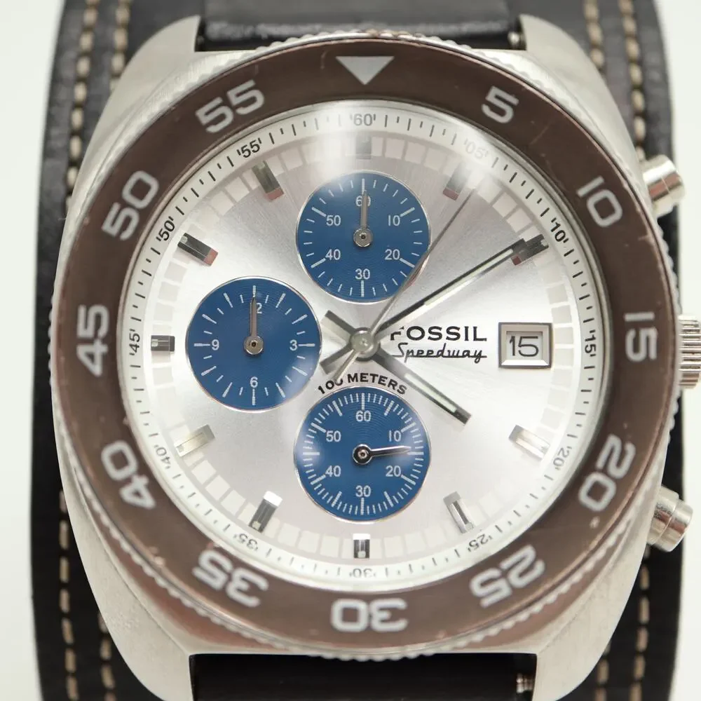 Fossil Speedway Chronograph 40mm Watch Brown Bezel Blue Sub Black Leather CH2337